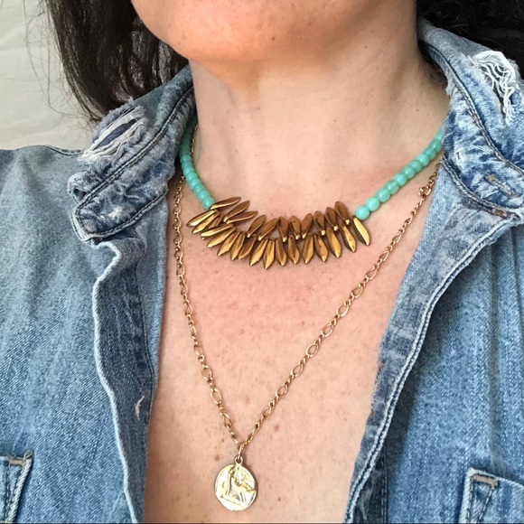 NEW Turquoise Gold Beaded Statement Necklace Flauxy Artist Made Layering Piece - Picture 7 of 12